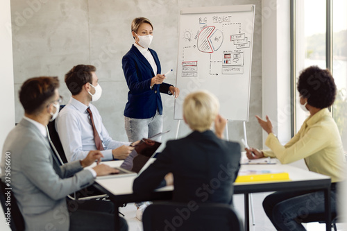 Businesswoman with face mask having an engaging presentation in the office.