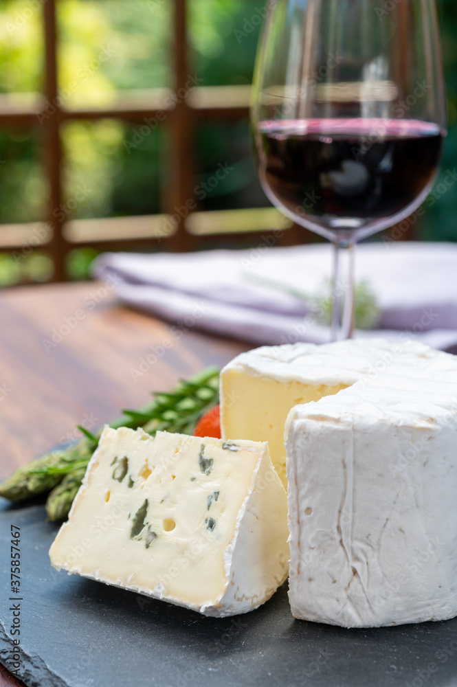 French cheeses collection, piece of Le Bleu cow milk soft blue cheese with white mold. French cheeses collection, piece of Le Bleu cow milk soft blue cheese with white mold.