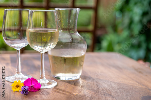 Summer tasting of cold white wine on sunny garden terrace with wooden pergola