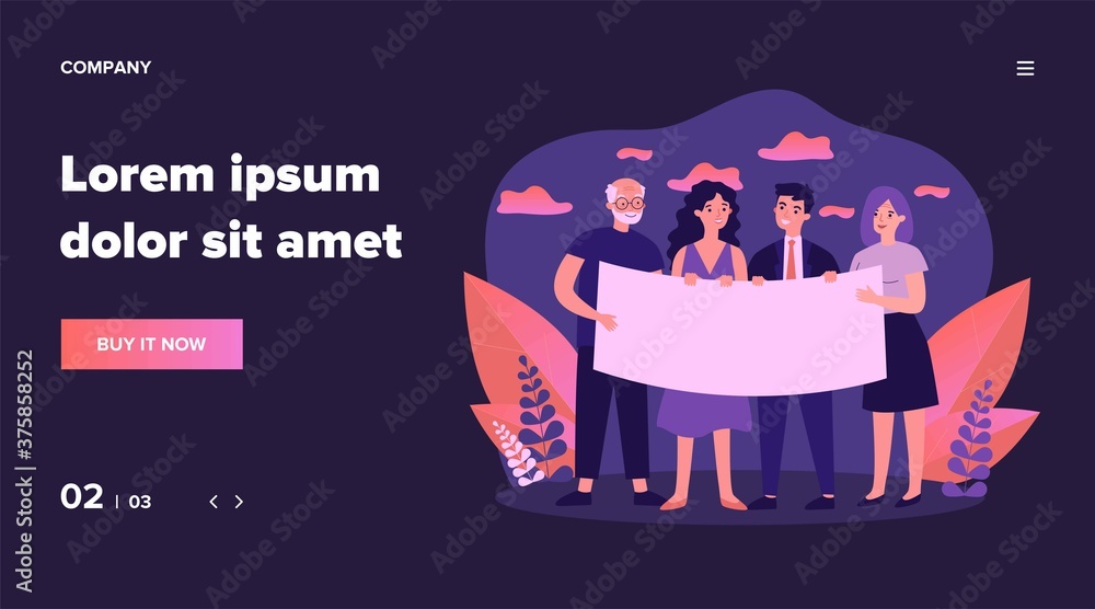 People gathering for protest. Diverse group standing together and holding blank banner flat vector illustration. Position and activism concept for banner, website design or landing web page People gathering for protest. Diverse group standing together and holding blank banner flat vector illustration. Position and activism concept for banner, website design or landing web page