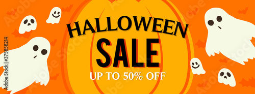 Halloween Sale banner vector illustration. Spooky Ghosts on orange bat pattern