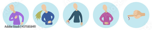 Medical topics. Disease symptoms. The person is sick. Set of round vector icons. Isolated white background. Flat style. Patient, palm wound, vomiting, runny nose, snot flowing, abdominal pain, sweat.
