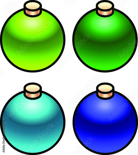 A set of 4 shiny christmas baubles. Greens and blues.
