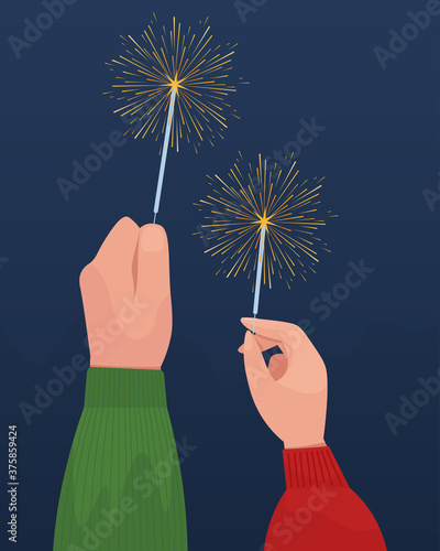 Two hands - male and female hold bengal light with sparkler. Celebration concept. Cute vector illustration in flat style
