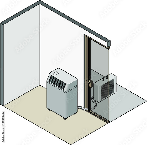 A split-unit portable air conditioner with its heat exchanger set up outside of the room.