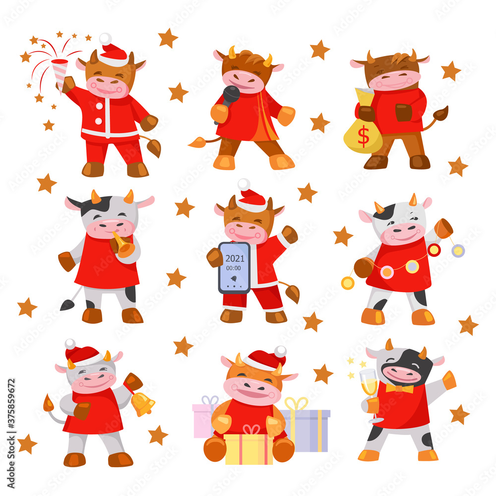 Set of cute bulls. The symbol of the New Year. Vector illustration in flat style. Isolated on white. Set of cute bulls. The symbol of the New Year. Vector illustration in flat style. Isolated on white.
