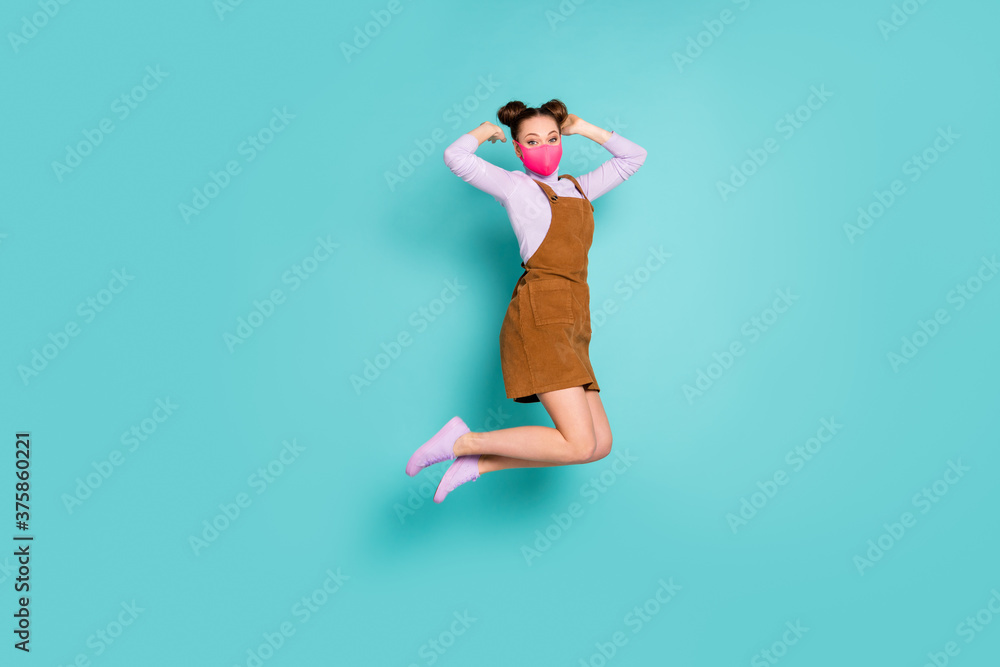 Full length photo of attractive joyful top knot hairdo lady avoid crowd stay home wear bright pink face mask mini brown dress trendy purple turtleneck shoes isolated turquoise color background Full length photo of attractive joyful top knot hairdo lady avoid crowd stay home wear bright pink face mask mini brown dress trendy purple turtleneck shoes isolated turquoise color background