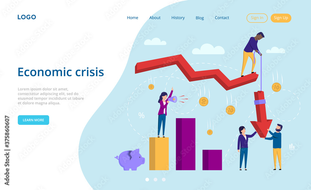 Economic Crisis, Business And Finance Concept. Cartoon Characters Standing Near The Infographics Scale With Loudspeaker, Money Falling To The Ground. Man Pulls Arrow Up. Flat Style Vector Illustration