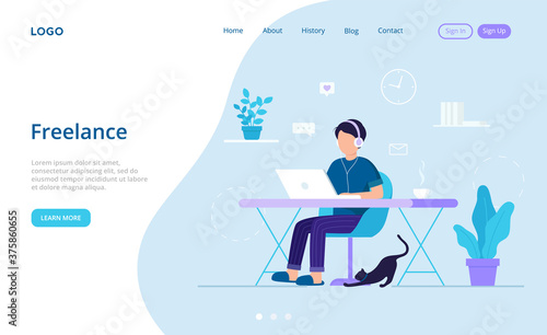 Planning, Freelance Work Concept. Male Character Works Online With Laptop At Home In The Morning. Freelance Worker Using Computer, Headphones, Internet. Flat Style Vector Illustration In Cold Colors
