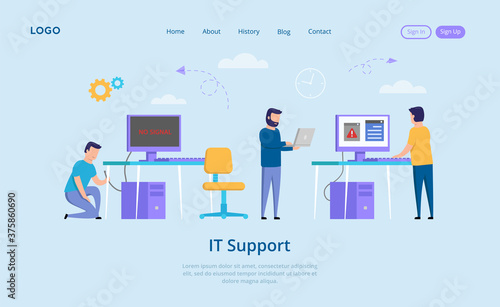 IT Support Concept. No Signal Message On The Screen, Annoyed People And Unplugged Computer. IT Support Repairer Helps To Solve The Problems With Internet Connection. Vector Illustration In Flat Style