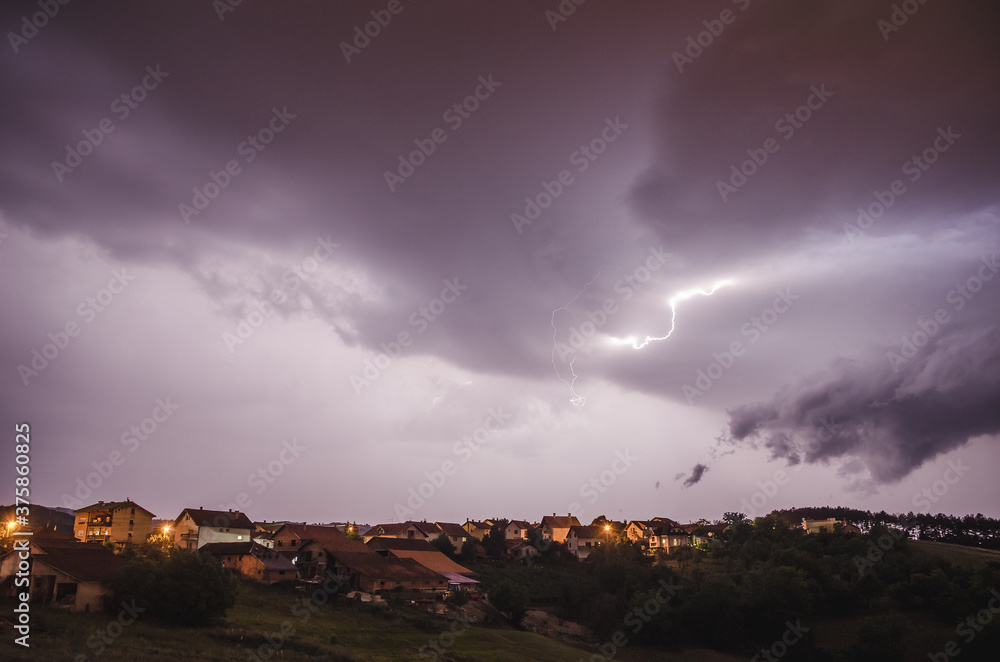 Stormy clouds and lightnings above the Valjevo city in western Serbia