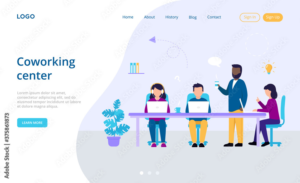 Business, Partnership, Cooperation, Coworking Center Concept. Meeting Of Freelancers At The Office. A Group Of People Work Using Laptop, Internet And Headset. Colorful Flat Style Vector Illustration