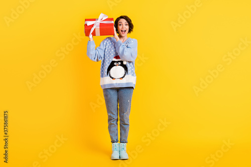 Interesting. Full body photo of attractive tricky lady x-mas event hold newyear big red giftbox guess inside wear ugly ornament sweater pullover jeans boots isolated yellow color background