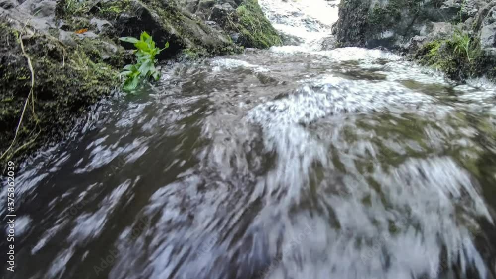 Looking with camera under water of rapids. Brown water with bubbles and many small streams Looking with camera under water of rapids. Brown water with bubbles and many small streams