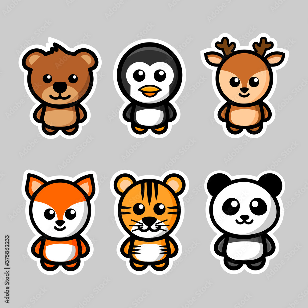 cute animals sticker mascot vector illustration. bear, penguin. deer, fox, tiger, panda, flat design.