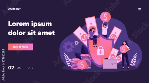 Money insurance concept. People protecting their cash and savings with shield. Flat vector illustration for safe loan, assurance, finance, guarantee topics