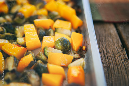 Polenta: Roasted Butternut Squash And Brussles Sprouts In Pan photo