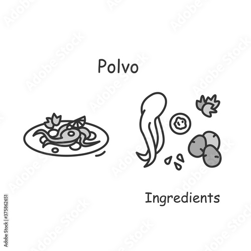 Polvo icon.Portuguese cuisine squid and vegetables dish serving and ingredients.Concept of traditional European seafood recipe, food specialties for home cooking.Editable stroke vector illustration