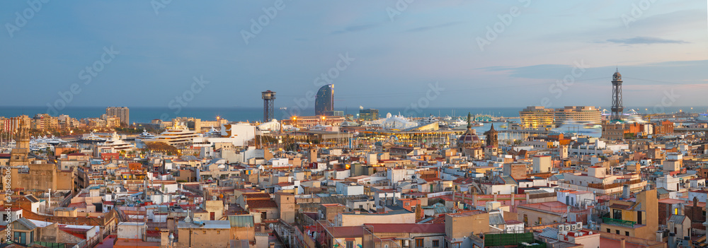 Barcelona - The city centre at dusk - look to the harbor.