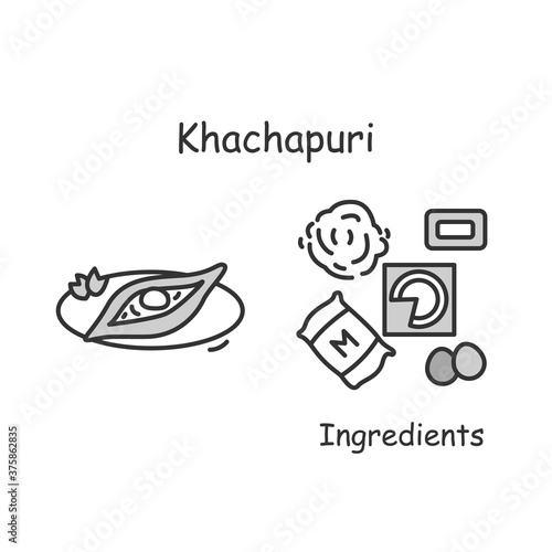 Georgian cheese pie icon. Khacapuri traditional bakery serving and ingredients line pictogram. Caucasus region food and easy home recipe concept. Editable stroke vector cafe menu illustration