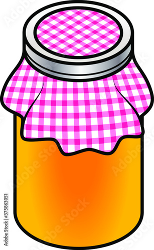 A jar of home made jam covered with a red checked cloth. Orange marmalade, grapefruit, lemon, citrus, tropical, pineapple.