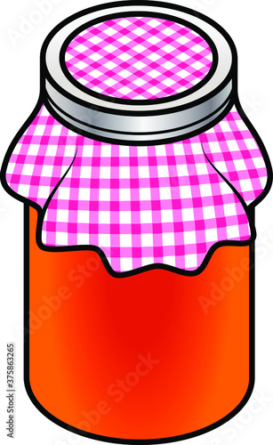 A jar of home made jam covered with a red checked cloth. Red orange mixed fruit, citrus, berries.