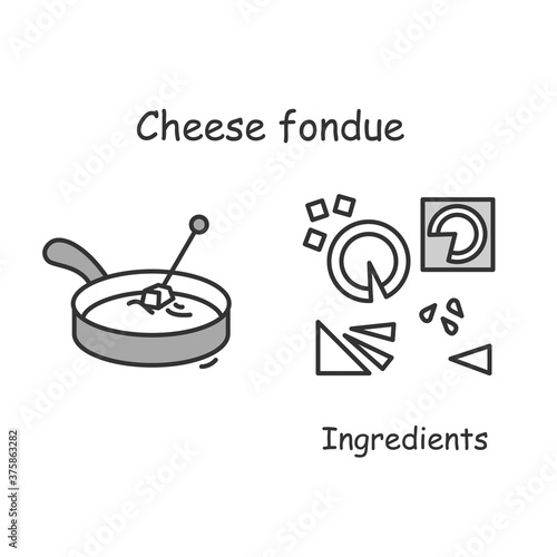 Cheese fondue icon. Switzerland melted cheese dip serving and ingredients line pictogram. Concept of European food traditions and special occasion food recipe. Editable stroke vector illustration