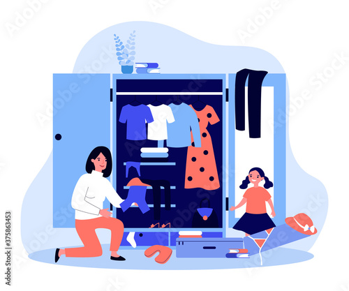 Happy mom and daughter packing for summer trip. Suitcase, clothes, swimsuit and hat flat vector illustration. Family vacation, travel, holiday concept for banner, website design or landing web page