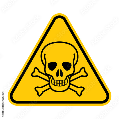 Poison caution icon vector design template isolated on background. Toxic hazards traffic sign. Illustration of yellow triangle warning sign with skull and crossbones inside. Attention. Danger zone.