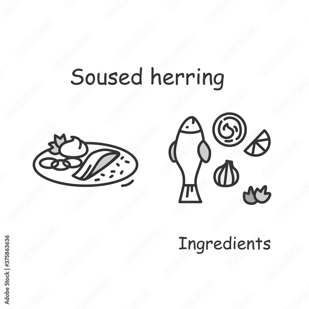 Sauced herring icon. Dutch fermented fish serving and ingredients line pictogram. Traditional European cuisine recipes for cookbook and easy home cooking concept. Editable stroke vector illustration