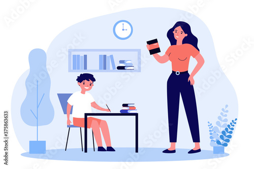 Mom helping son to do school home task. Boy writing at desk, woman holding book flat vector illustration. Education, knowledge, studying concept for banner, website design or landing web page