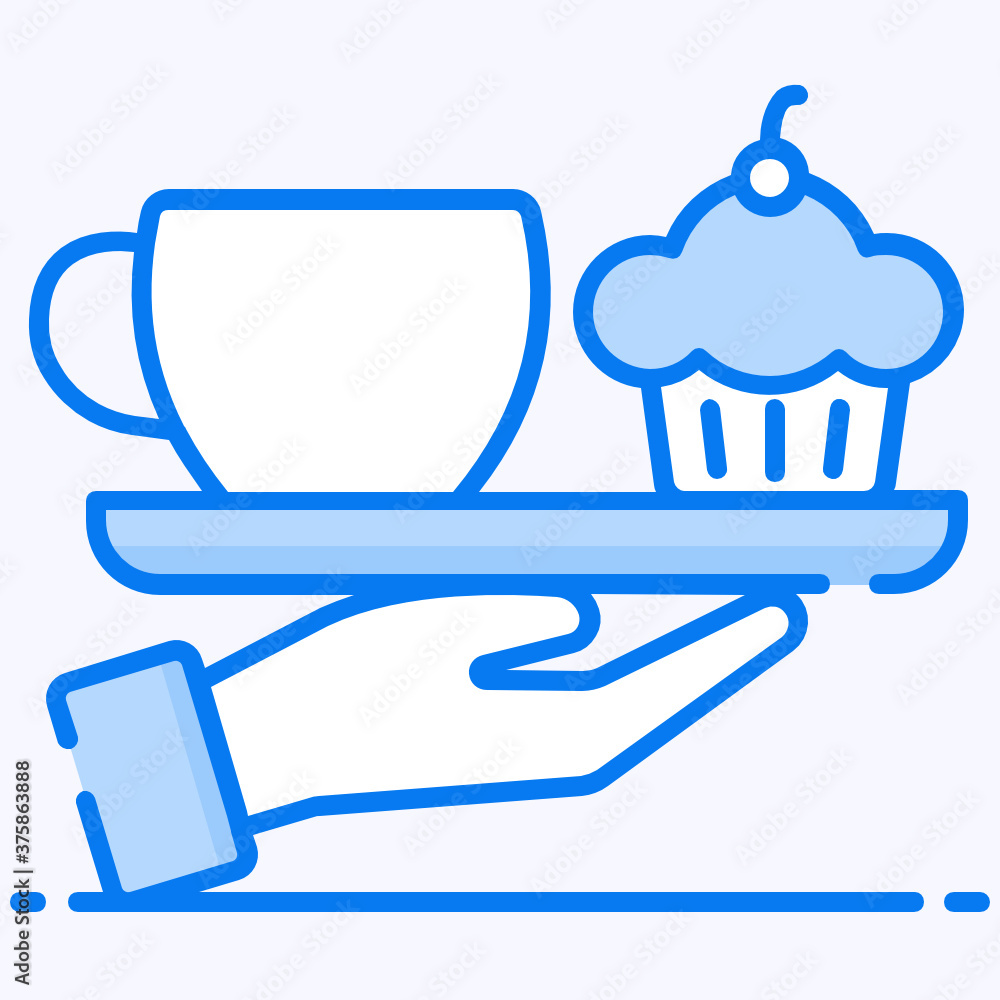 Tea cup with cupcake in tray holding by hand, room service icon
Tea cup with cupcake in tray holding by hand, room service icon