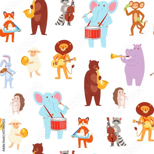 Fototapeta Naklejka Na Ścianę i Meble -  Musical animal, wallpaper pattern seamless cute pattern, happy, design, cartoon style vector illustration, isolated on white. Dance wild nature, fun guitar, drawn funny elephant, doodle collection.