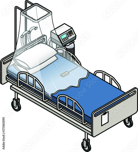 An adjustable electric hospital bed with an oxygen tent set up over it.