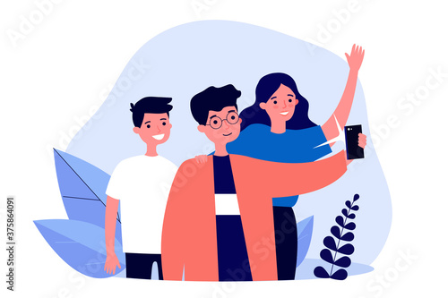 Teen schoolmates taking group selfie. Boys and girl posing for smartphone camera flat vector illustration. Leisure, friendship, photography concept for banner, website design or landing web page