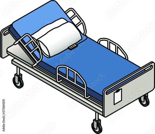 An adjustable electric hospital bed in the sit-up position with pillows.