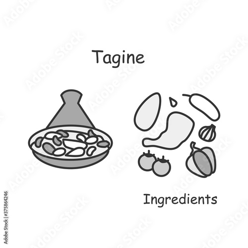 Tagine icon. Arabian tajine pot cooked meat and vegetables dish linear pictogram. Concept of traditional middle eastern stew recipe and ingredients. Editable stroke vector family dinner illustration
