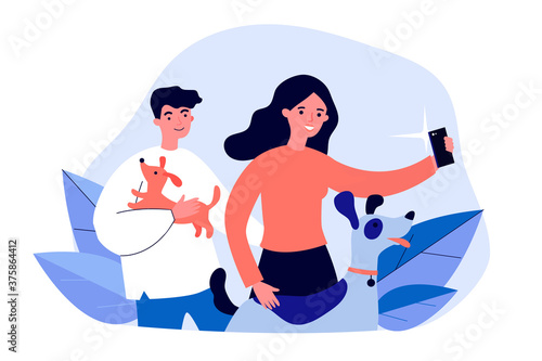 Happy dog lovers taking selfie. Men and woman holding pets in arms and posing for phone camera flat vector illustration. Animal care, photography concept for banner, website design or landing web page