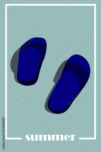 Vector de cartel moderno azul de verano para banner, invitaciones, portadas, redes sociales. Ilustración de chanclas, sandalias. 