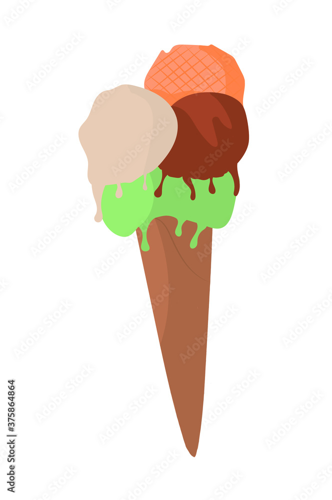 Vector de helado con tres bolas de helado en cubiertos de oblea. Helado cremoso aislado. Vector de helado con tres bolas de helado en cubiertos de oblea. Helado cremoso aislado.