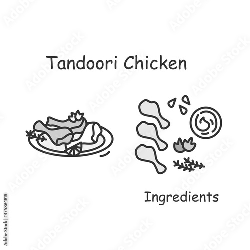 Tandoori chicken icon. Tradition Indian poultry dish recipe and ingredients linear pictogram. Concept of tasty fried drumsticks with hot spicy sauce serving. Editable stroke vector illustration