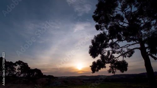 A time lapse with a slight zoom of a spring sunset with a gum tree in the foreground in Australia. photo