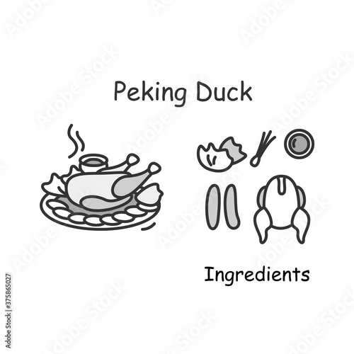 Peking duck icon. Traditional Chinese cuisine roasted poultry dish serving and ingredients linear pictogram. Concept of tasty and spicy recipe Asian recipe. Editable stroke vector illustration