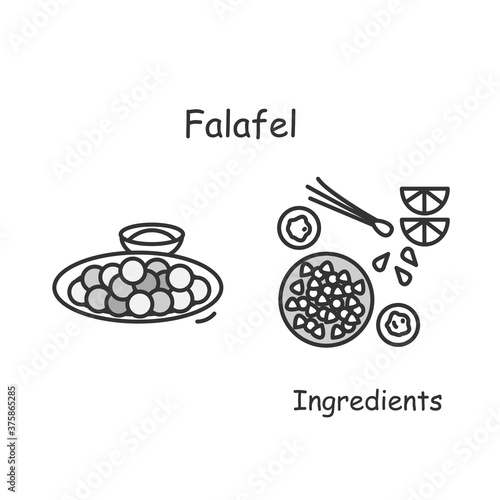 Falafel icon. Israel and mid east fried snack serving and ingredient linear pictogram. Concept of traditional streetfood and snack, vegan and vegetarian recipes. Editable stroke vector illustration
