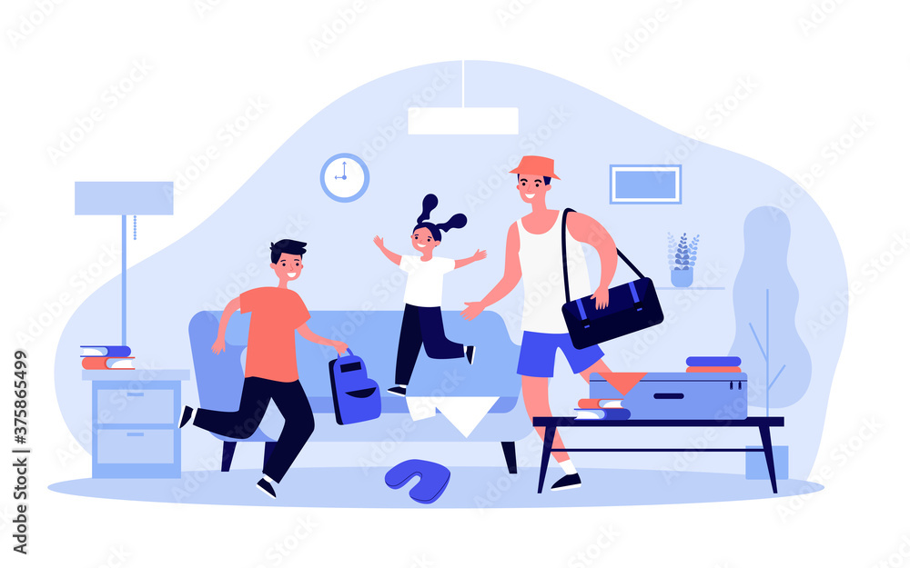 Happy dad and kids packing for holiday trip. Backpacks, suitcases, messy at home flat vector illustration. Family vacation, travel concept for banner, website design or landing web page