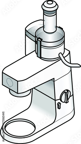 A white kitchen bench top mixer. With a juicer / juice extractor attachment.