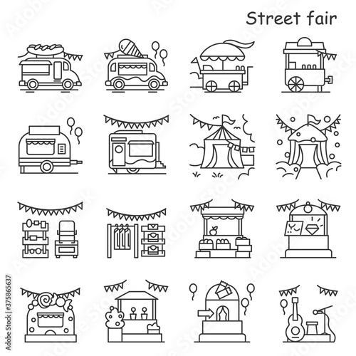 Street fair icons set. Food trucks, circus festival tents and farmer market stands line pictograms. Concept of holidays activity and local entertainment events. Editable stroke vector illustrations