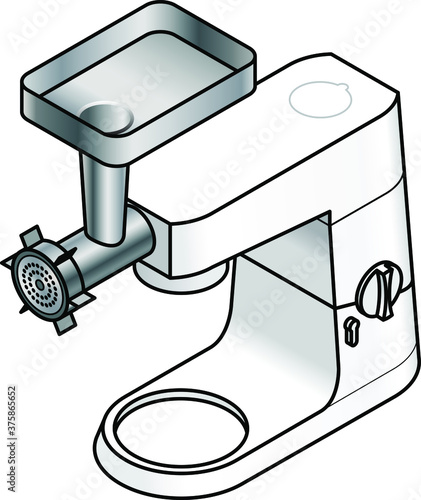 A white kitchen bench top mixer. With a meat mincer attachment.