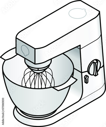 A white kitchen bench top mixer. With a whisk attachment and a plastic bowl.