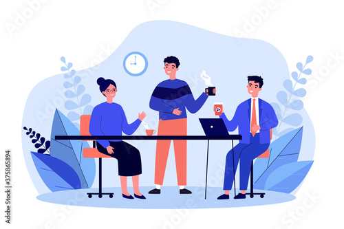 Employees drinking coffee together. Office workers enjoying morning coffee break flat vector illustration. Communication, colleagues meeting concept for banner, website design or landing web page